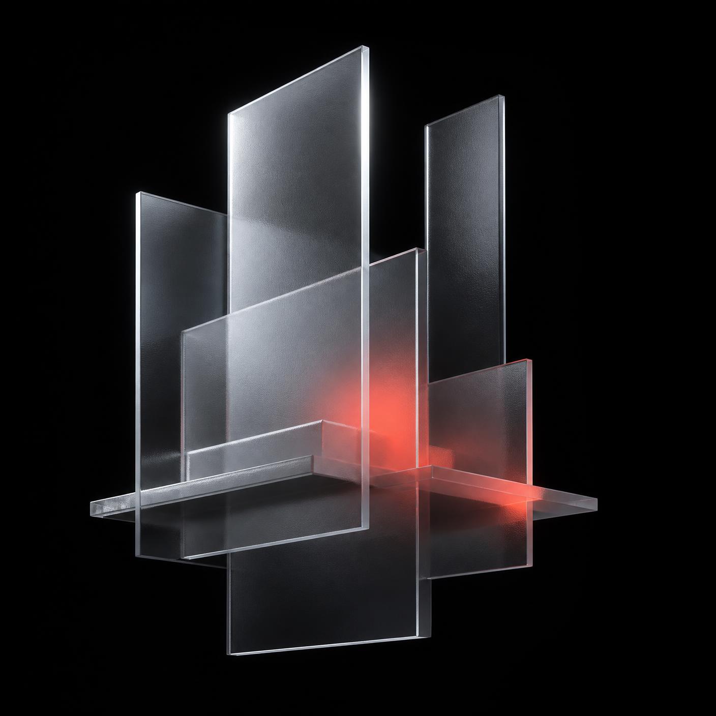 Layered translucent glass sculpture lit with a red accent